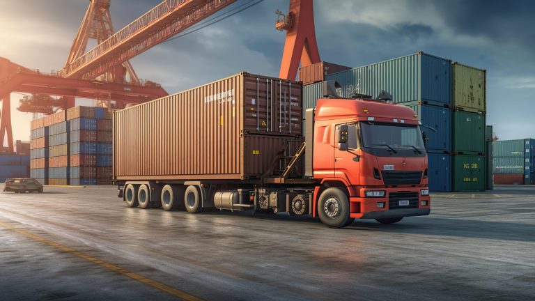 Container truck in ship port , Ai Generated Image
