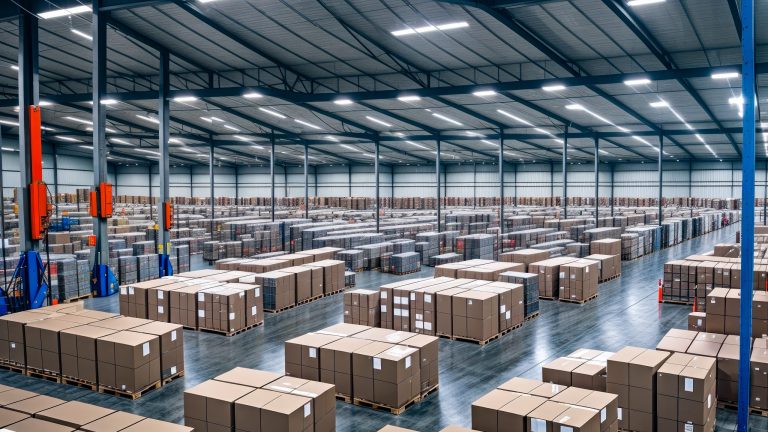 warehouse space. warehouse interior with shelves, pallets and boxes. Big distribution warehouse. Generative AI